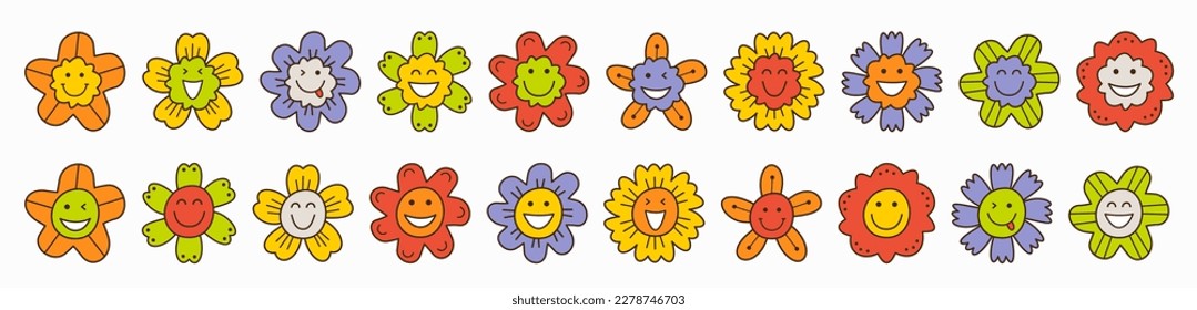 Juego de caracteres, sonríe flores. Iconos planos, varias pegatinas, clipart retro. Diseño abstracto y colorido
