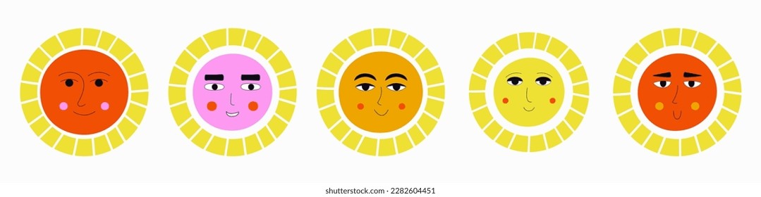 Character set, smiles suns. Diverse stickers, different moods, sun illustration. Abstract colorful design
