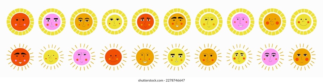 Character set, smiles suns. Flat icons, various stickers, retro clipart. Abstract colorful design
