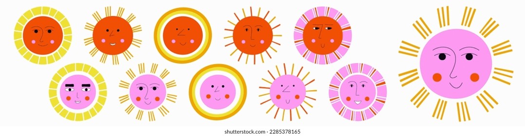 Character set, smiles suns. Funny shapes, different emoticons, spring sun. Vector illustration in simple flat style
