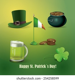 Character set St. Patrick's Day: pot of coins, a hat, a glass of beer and a shamrock on a green background.
