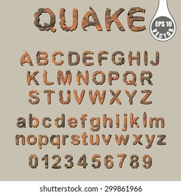 Character set. Trembling font Quake.
Resembling old ceramic plates.
For computer games or movies. Creating text in English.
Vector illustration.