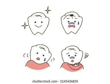 Character set of various teeth Comical handwritten person Vector, line drawing and color