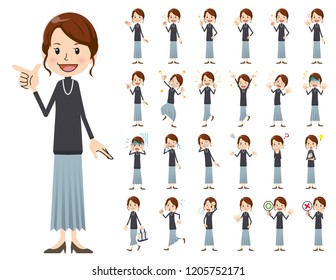 It is a character set of a woman. There are basic emotional expression and pose. It's vector art so it's easy to edit.