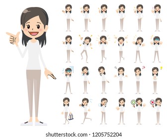 It is a character set of a woman. There are basic emotional expression and pose. It's vector art so it's easy to edit.