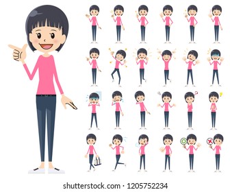It is a character set of a woman. There are basic emotional expression and pose. It's vector art so it's easy to edit.