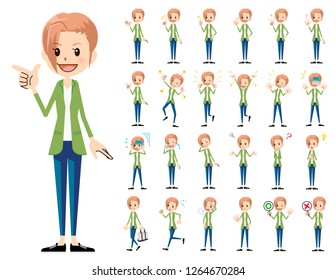 It is a character set of a woman. There are basic emotional expression and pose. It's vector art so it's easy to edit.