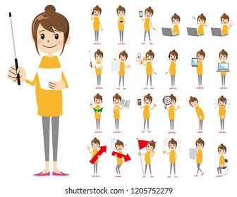 It is a character set of a woman. There are gestures and poses mainly explained. It's vector art so it's easy to edit.