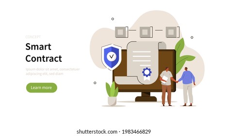 Character shaking hands near computer with signed online contract. Smart contract and financial blockchain technology concept. Flat cartoon vector illustration.