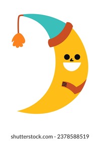 Character in shape of crescent moon. Cute isolated yellow smiling personage in hat with pompon. Positive facial expression in nightcap. Childish colored illustration with hands. Vector in flat style