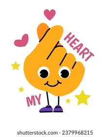 Character in shape of hand with fingers, isolated arm with legs and facial expression showing deep emotions and sending love. Emoji or emoticon, sticker or personage. Vector in flat style illustration