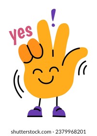 Character in shape of hand with positive answer yes, agreement approval. Symbol confirmation consent, emotional satisfaction. Gesture praise emoji or emoticon, sticker personage. Vector in flat style