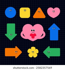 Character shape stickers, labels, hearts, characters, expressions, smiles, eyes, emojis, circles, squares, squares, triangles, children, children's stickers, diaries, decorations, arrows, directions