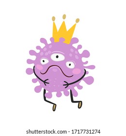 Charakterförmige Zelle eines Mikroorganismus mit Gesichtern, Aufkleber. COVID-19-Zelle. Kawaii-Cartoon-Virus. rosafarbene Cartoon-Figur. Vektorillustration-Aufkleber für Illustrationen einzeln auf weißem Hintergrund.
