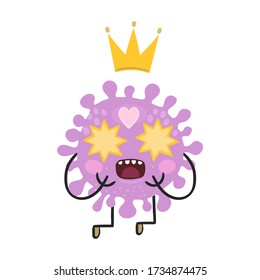 Character shaped cell of a microorganism with faces, sticker. COVID-19 Cell. Kawaii cartoon virus. Pink cartoon cute character. Illustration sticker icon isolated on white background.