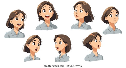 Hoja de personaje de mujer de negocios en múltiples expresiones. Conjunto de emoji de avatar de anime de dibujos animados.