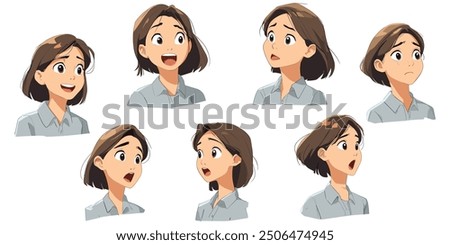 character sheet of business woman in multiple expressions. set of cartoon anime avatar emoji.