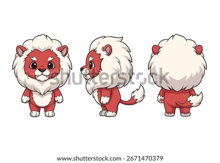 A character sheet of a cute red lion with a big, fluffy white mane, presented in a full turnaround. This adorable chibi-style king is shown from the front, side, and back. Vector Illustration