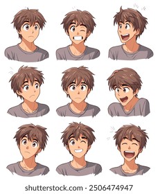 Hoja de personaje del hombre en múltiples expresiones. Conjunto de emoji de avatar masculino de anime de dibujos animados.