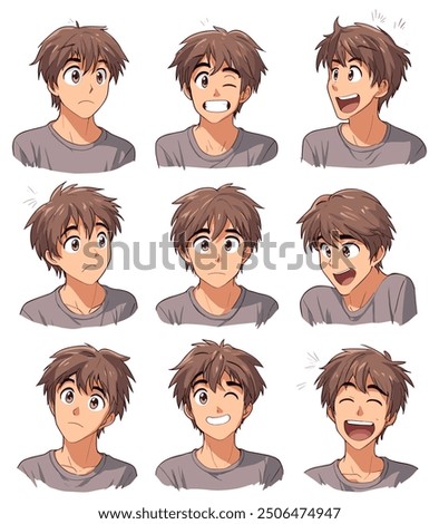 character sheet of man in multiple expressions. set of cartoon anime boy male avatar emoji.