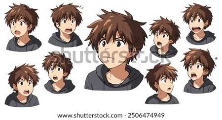 character sheet of man in multiple expressions. set of cartoon anime boy male avatar emoji.