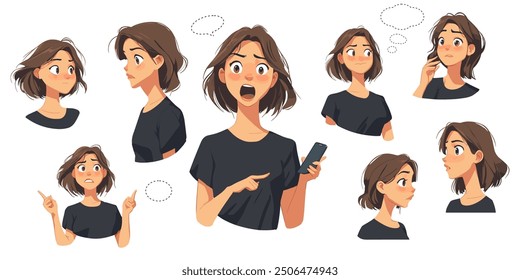 Hoja de personaje de mujer con teléfono inteligente en múltiples expresiones. Conjunto de emoji de avatar de anime de dibujos animados.