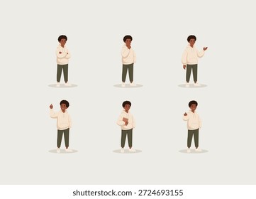 A character sheet of a young Black boy with an afro hairstyle, wearing a cream-colored hoodie, olive green pants, and white sneakers. The illustration features six different poses and expressions: crossing arms, thinking, presenting, pointing up, holding a book, and giving a thumbs up. Flat vector style on a clean, light background.