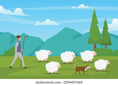 Character of shepherd man with dog and sheeps in beautiful landscape 2d vector illustration concept for banner, website, illustration, landing page, flyer, etc