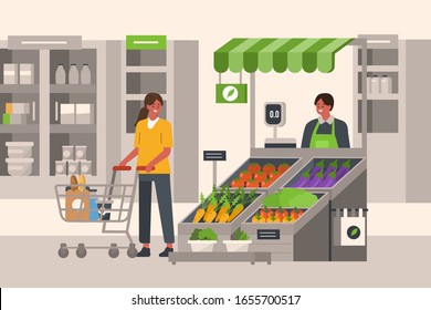 Character Shopping in Vegetable Market. Woman  Holding Shopping Trolley, Choosing and Buying Fresh Food Groceries. Local Market Stalls with Natural Products. Flat Cartoon Vector Illustration.