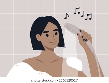 A character is in the shower, holding a handheld showerhead while humming a melody, they appear relaxed and engaged, surrounded by bubbly soap and a stylish bathroom design