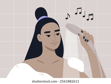 A character is in the shower, holding a handheld showerhead while humming a melody, they appear relaxed and engaged, surrounded by bubbly soap and a stylish bathroom design