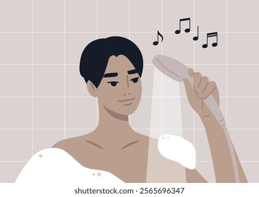 A character is in the shower, holding a handheld showerhead while humming a melody, they appear relaxed and engaged, surrounded by bubbly soap and a stylish bathroom design