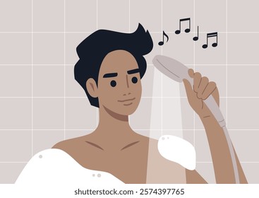 A character is in the shower, holding a handheld showerhead while humming a melody, they appear relaxed and engaged, surrounded by bubbly soap and a stylish bathroom design