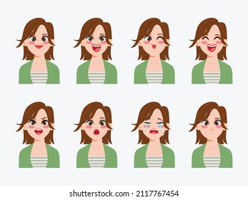 Character Showing Emotions Face Clip Art Cute Woman.