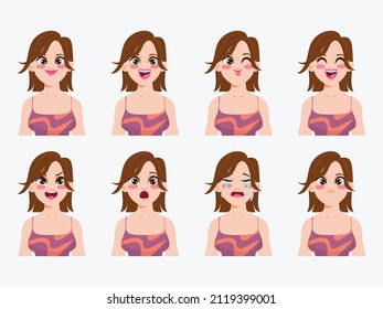 Character Showing Emotions Face Clip Art Beautiful Healthy Woman Wearing Sport Bra.