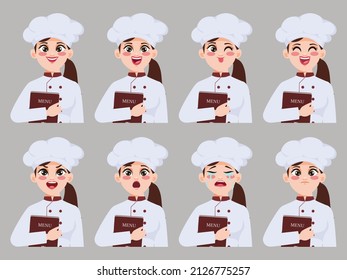 Character Showing Emotions Face Clip Art Beautiful Chef's Woman Character.