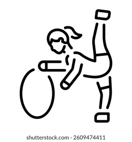 A character showing her gymnastic skills, linear icon 