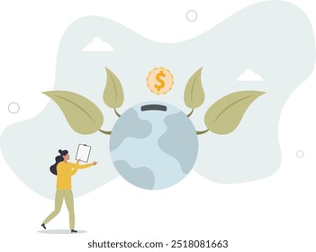 Personagem mostrando maneiras de reduzir a emissão de CO2 através de imposto de carbono, crédito e eco-investing.flat design com as pessoas.