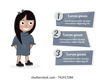 Character shows on the numbered list. Young girl vector illustration.