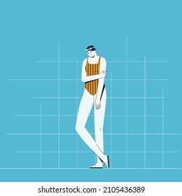 The character of the shy girl in the pool. Sports, swimming, water procedures. Vector illustration. Healthy lifestyle. Woman in the pool