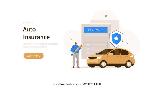 Character signing auto insurance policy form.  Car insurance services. Auto safety, assistance and protection concept. Flat cartoon vector illustration.