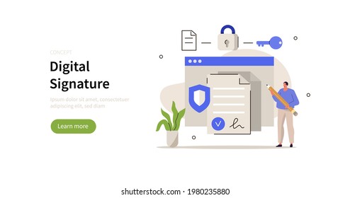 Character signing document online using cyber security service. Electronic digital signature, smart contract and secure data concept . Flat cartoon vector illustration.