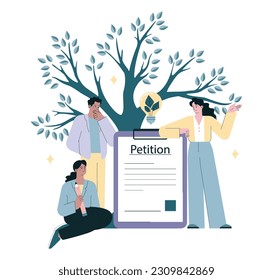 Character signing petition for sustainable development. Collective public appeal document of climate change awareness. Signing and spreading petition for changes. Flat vector illustration