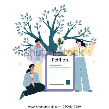 Character signing petition for sustainable development. Collective public appeal document of climate change awareness. Signing and spreading petition for changes. Flat vector illustration