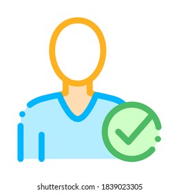 Character Silhouette Man Approved Mark Vector Icon Thin Line. Approved Sign On Document File, Protection Shield And Opened Carton Box Concept Linear Pictogram. Contour Illustration