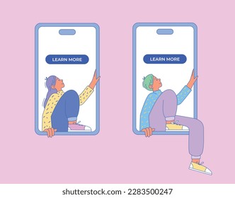 El personaje se sienta en la pantalla del móvil y mira el botón. Concepto de uso de aplicación para smartphones. Usuarios móviles, mujeres y hombres. Ilustración vectorial moderna de estilo plano.
