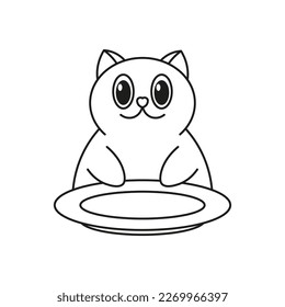 Сat character sits near plate icon. Vector. Line style.