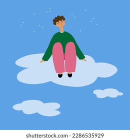 The character sits on a cloud and dreams in the clouds, far away from everyone. Lonely man in his inner world. An introvert in your own world. Flat illustration in cartoon style. Vector