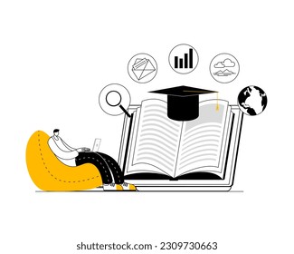 A character sits in a sack chair with a laptop and reads a book on the monitor. Vector illustration on the theme of online education and e-class.