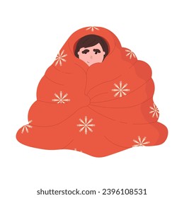 The character sits in a warm blanket for Christmas festive decoration.
Flat vector illustration.